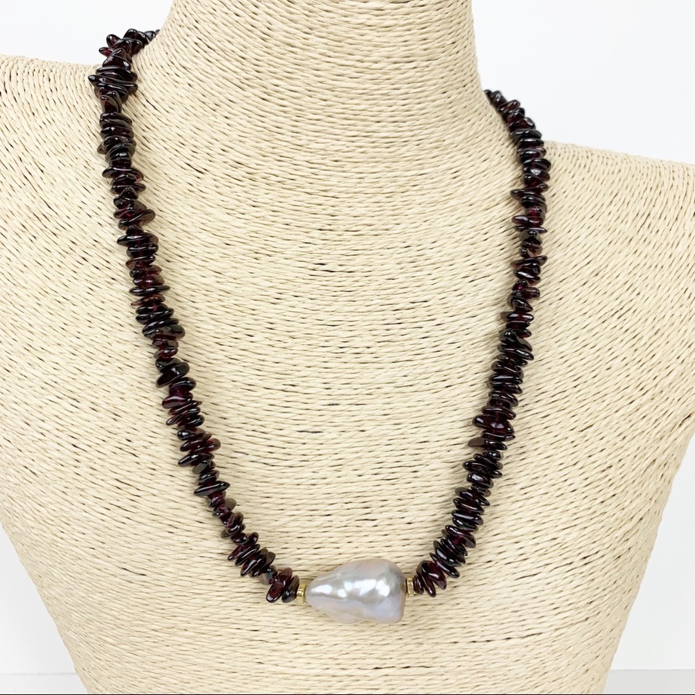 Genuine Garnet Necklace with Baroque Pearl
